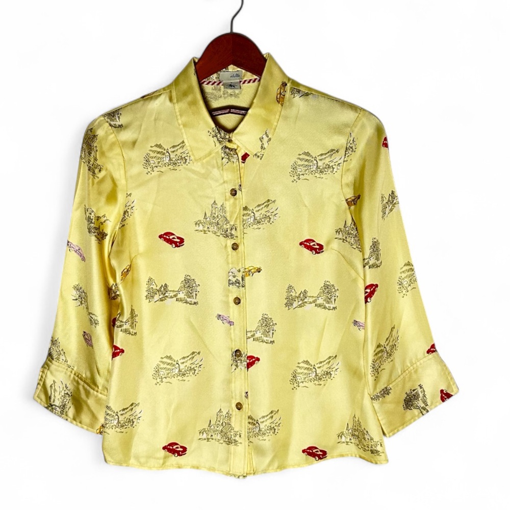 Vintage Y2K Odille Silk Blouse Anthropologie Yellow Toile Lip Print Size 6 - Picture 2 of 5